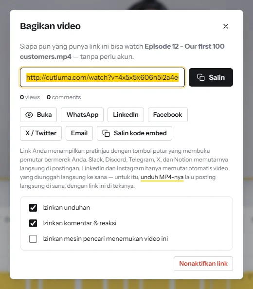 Dialog Bagikan video: link tonton dengan tombol Salin, tombol untuk WhatsApp, LinkedIn, Facebook, X, email dan kode embed, serta sakelar untuk unduhan, komentar dan mesin pencari