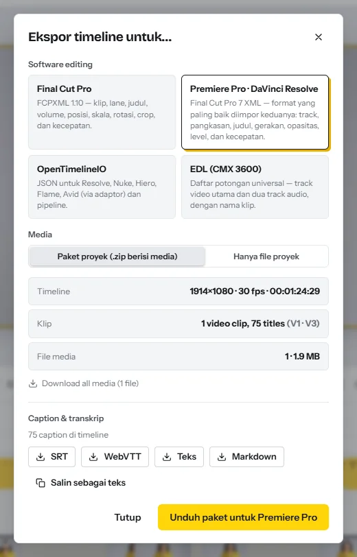 Dialog Ekspor timeline: format untuk Final Cut Pro, Premiere Pro, dan DaVinci Resolve, OpenTimelineIO dan EDL, dan di bagian bawah tombol untuk mengunduh caption sebagai SRT, WebVTT, teks, atau Markdown