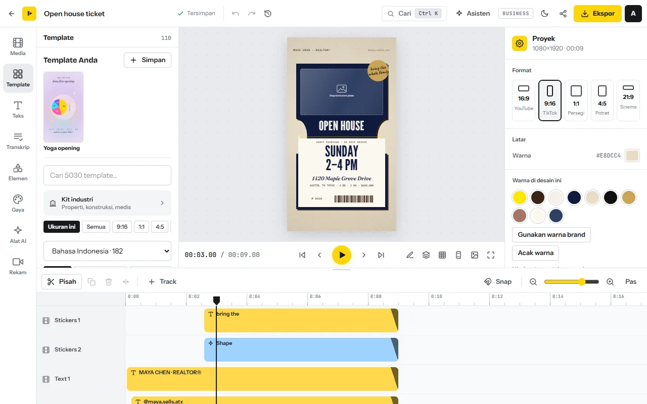 Tab Template di editor: Template Anda dengan tombol Simpan, kotak pencarian galeri, baris Kit industri, filter ukuran, dan filter bahasa
