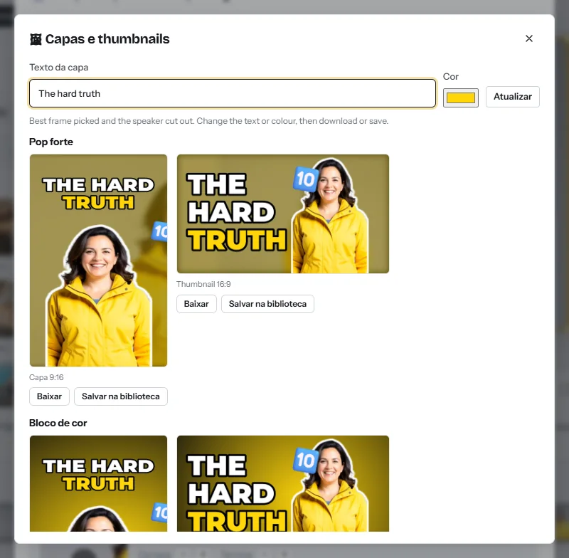 A janela Capas e thumbnails: um campo para o texto da capa e a cor, e dois designs, cada um mostrado como capa 9:16 e thumbnail 16:9, com os botões Baixar e Salvar na biblioteca