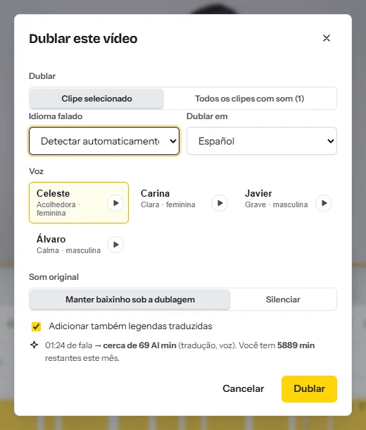 A janela Dublar este vídeo: idioma falado, o idioma da dublagem, quatro vozes em espanhol com botões de prévia, a opção de manter o som original baixinho sob a dublagem e os minutos de IA que o trabalho vai usar