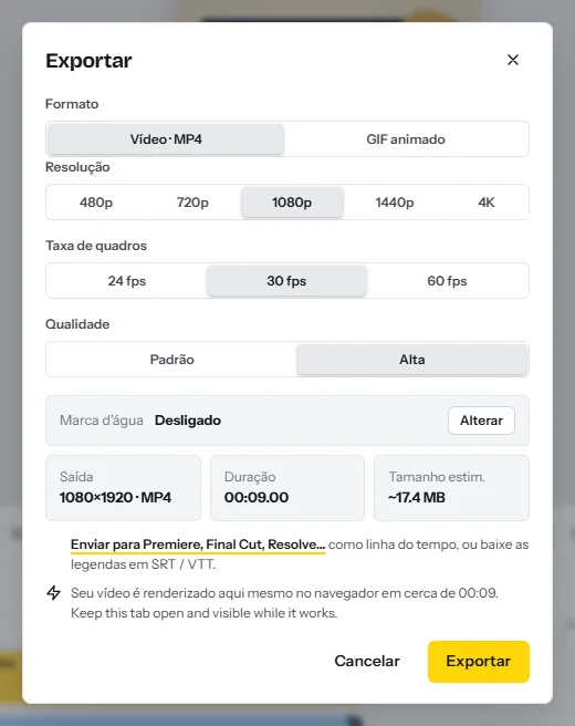 A janela Exportar: MP4 ou GIF animado, resolução de 480p a 4K, 24, 30 ou 60 fps, qualidade padrão ou alta e o tamanho estimado do arquivo