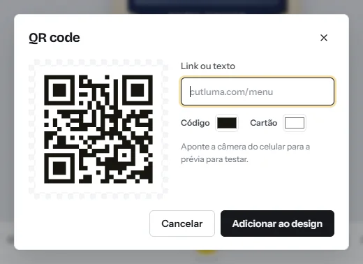 A janela QR code: um campo para o link, as cores do código e do cartão, uma prévia ao vivo do código e um botão Adicionar ao design
