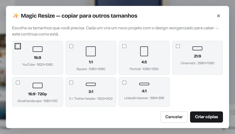 A janela Magic Resize, copiar para outros tamanhos: caixas de seleção para 16:9, 1:1, 4:5, 21:9 e tamanhos de banner, e um botão Criar cópias