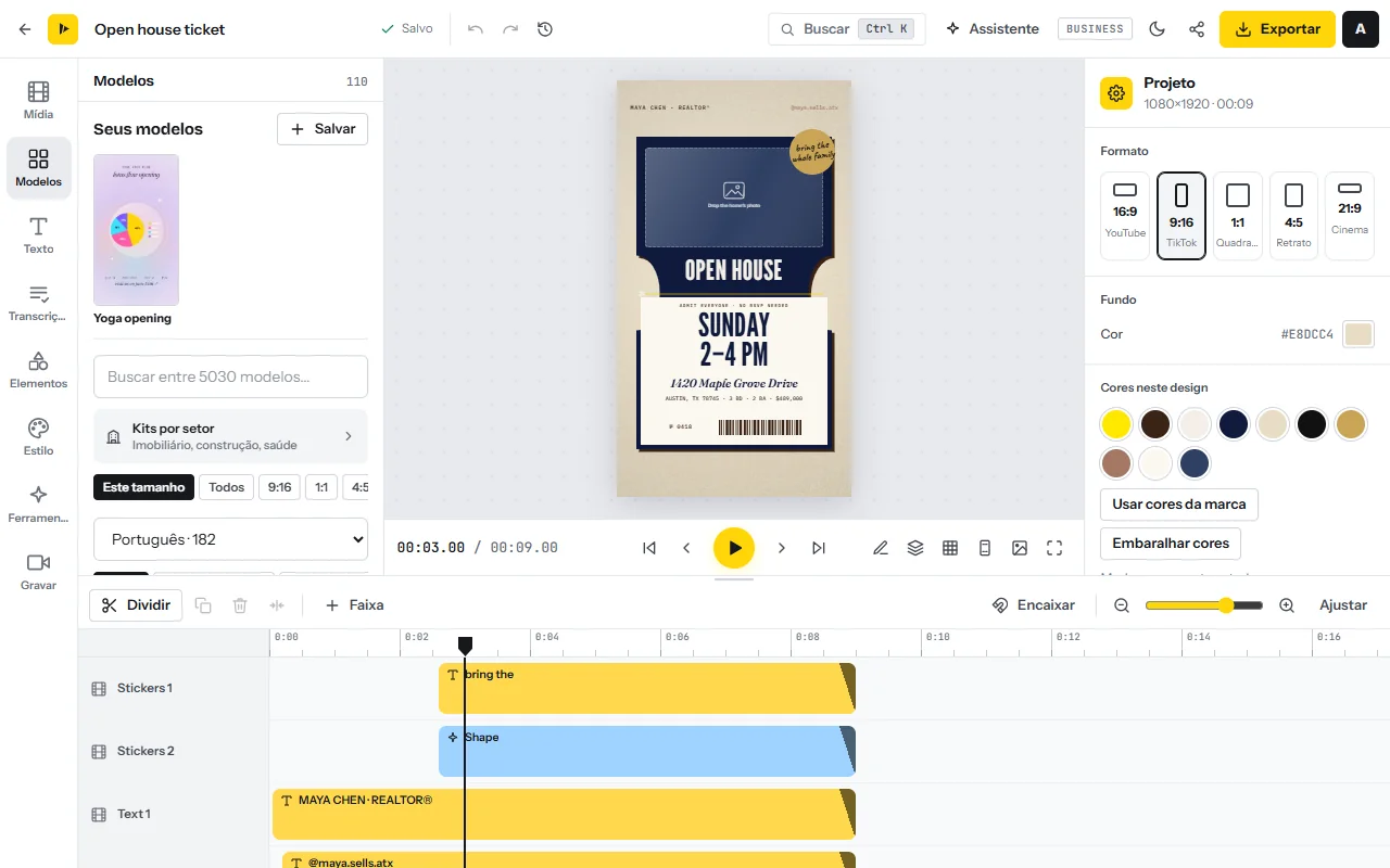 A aba Modelos do editor: Seus modelos com um botão Salvar, uma caixa de busca para a galeria, a fileira Kits por setor, filtros de tamanho e um filtro de idioma