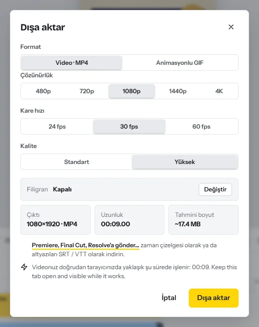 Dışa aktar penceresi: MP4 ya da animasyonlu GIF, 480p’den 4K’ya çözünürlük, 24, 30 ya da 60 fps, standart ya da yüksek kalite ve tahmini dosya boyutu