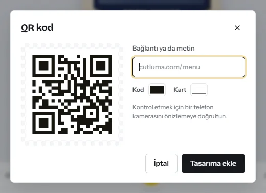 QR kod penceresi: bir bağlantı alanı, kod ve kart renkleri, kodun canlı önizlemesi ve Tasarıma ekle düğmesi