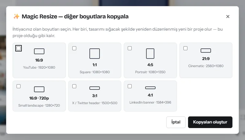 Magic Resize penceresi, diğer boyutlara kopyala: 16:9, 1:1, 4:5, 21:9 ve banner boyutları için onay kutuları ve bir Kopyaları oluştur düğmesi