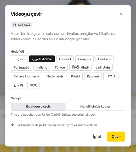 Videoyu çevir penceresi: bulunan altyazı sayısı, on yedi hedef dil ve bu videoyu çevirmek ile her dil için bir kopya oluşturmak arasında bir seçim